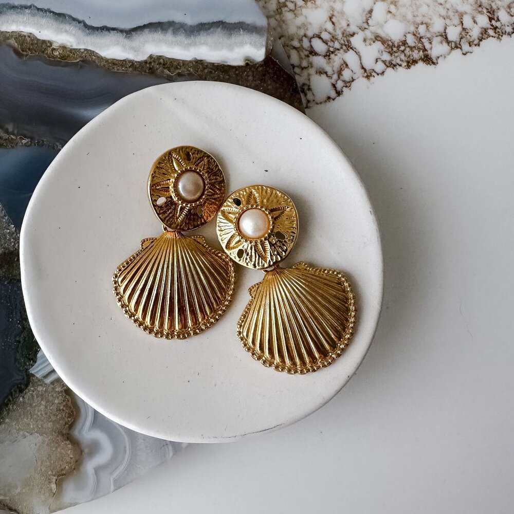 Vintage Gold Shell Drop Earrings with Pearl Detail Mermaid core